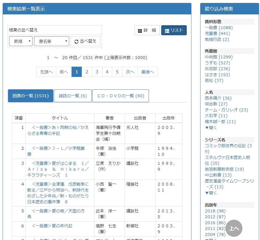 検索結果一覧表示の画面